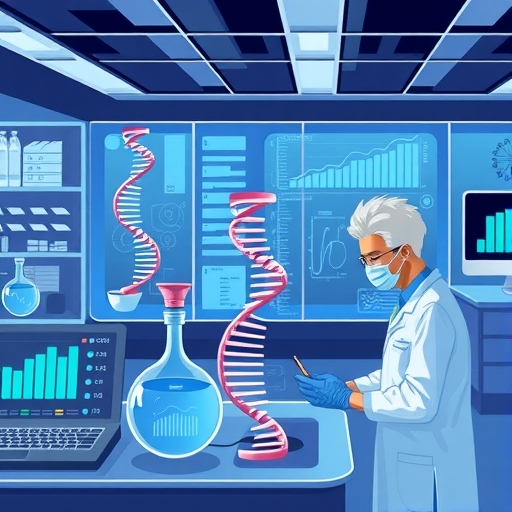 A scientist analyzing genetic data with AI algorithms in a modern healthcare setting.
