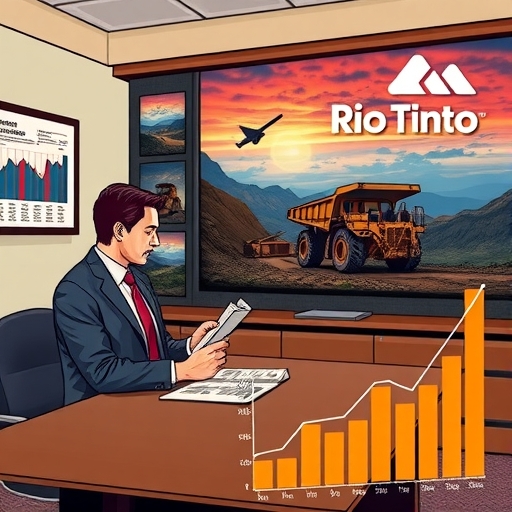 An investor analyzing Rio Tinto's financial reports in an office with mining images on the wall