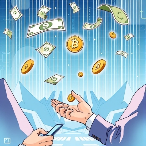 An illustration of fiat currency floating in a digital realm