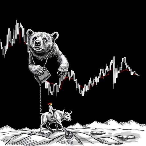 An investor balancing on a tightrope over a bear and bull market landscape.
