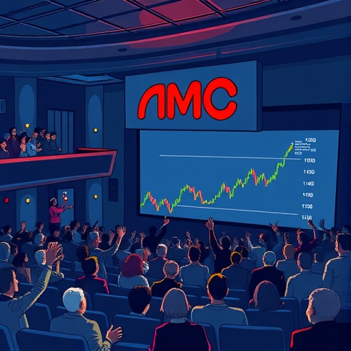 A bustling theater with crowds excited for movie releases