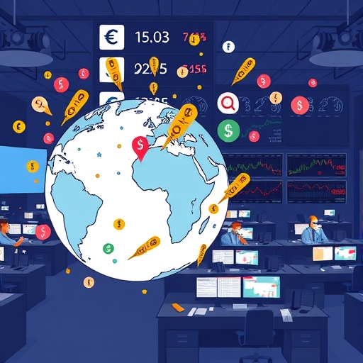 A busy trading floor with multiple screens showcasing currency rates
