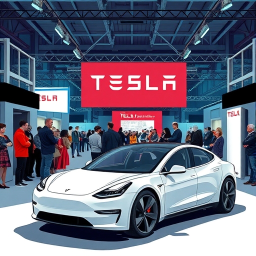 A futuristic Tesla vehicle prototype showcased at the event
