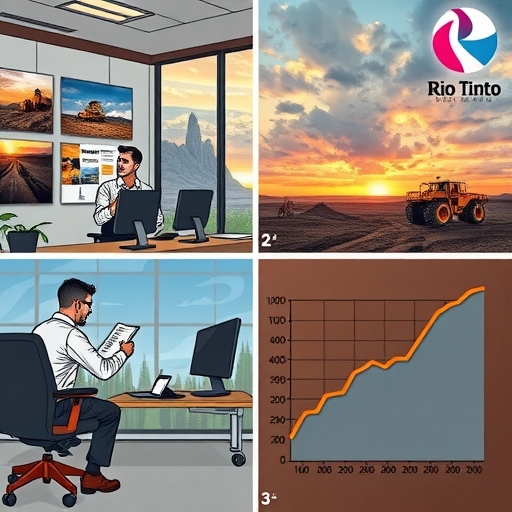 A graphic representation of financial trends in mining highlighted by Rio Tinto's logo.