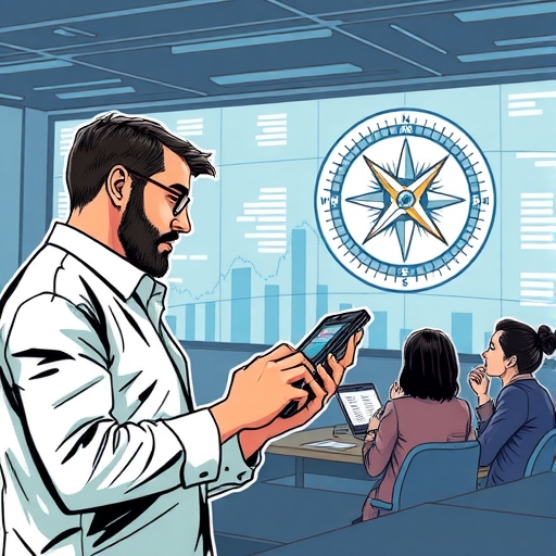 Illustrative scenario of analysts collaborating, exchanging insights in a financial hub.
