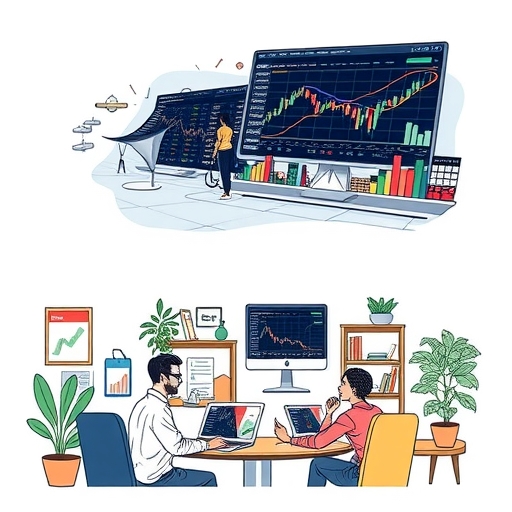 An illustration of a diverse financial market scene, showcasing CFDs and technology.