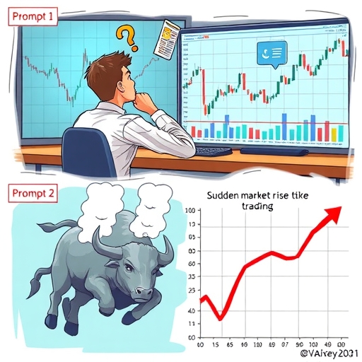 A trader looking at market charts, showing confusion and excitement.