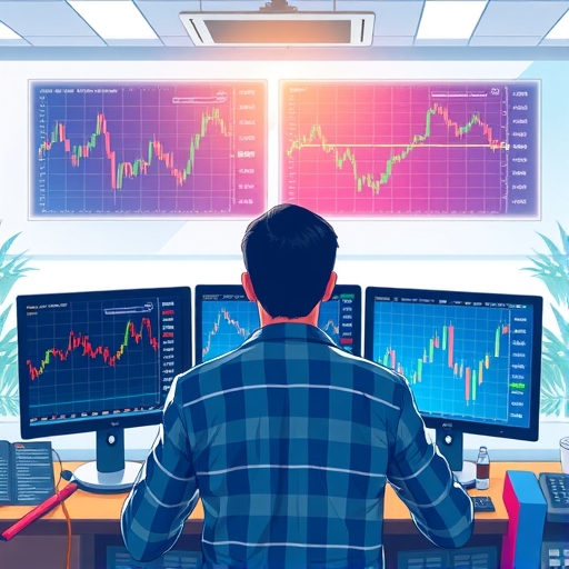A trader analyzing RSI charts in a bright office with multiple screens displaying financial data.