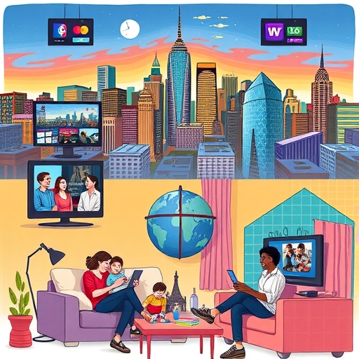 A cozy living room with families enjoying streaming content on various devices.