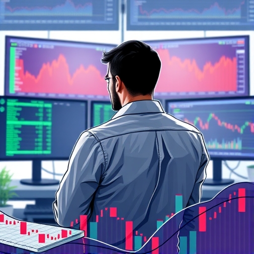A trader in deep thought, surrounded by graphs and charts, symbolizing the complexity of financial markets.