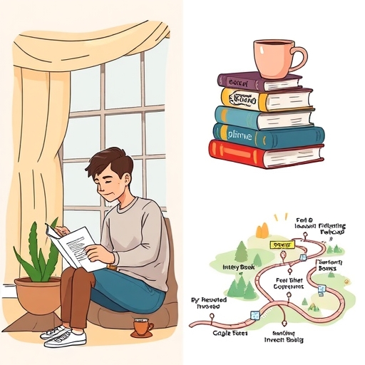 An illustration of a roadmap through the investing landscape with book titles marked along the way