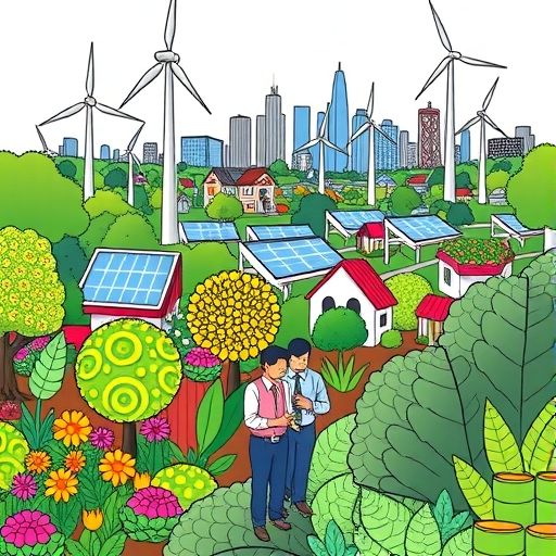 A vibrant garden thriving with solar panels and wind turbines.