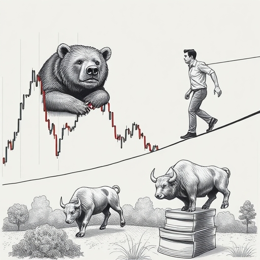 Tariffs depicted as heavy weights dragging down bullish market symbols.