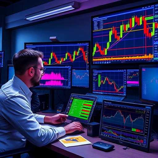 A dynamic trading room filled with monitors displaying market data