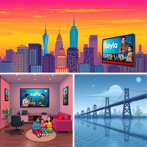 A vibrant city skyline with screens showcasing popular streaming services and happy viewers.