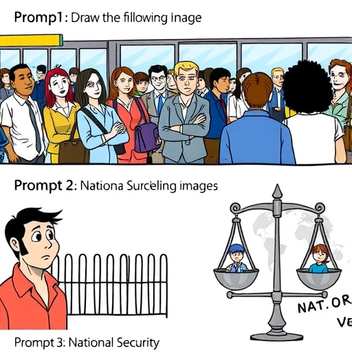 An illustrated scale balancing national security and global cooperation.