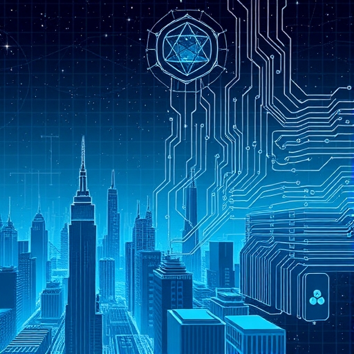 A futuristic city skyline featuring semiconductor technology and AI supercomputers.
