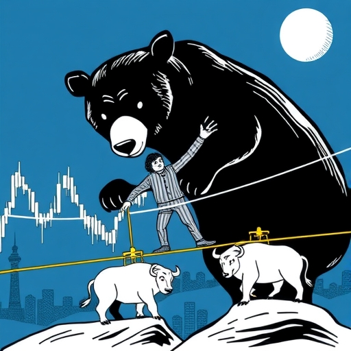 A bear lurking in a stock market graph, emphasizing volatility.