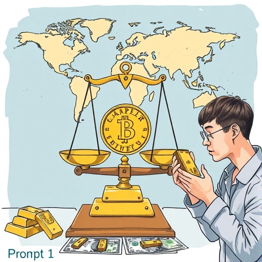 A golden ounce weighing on scales, global financial symbols around.