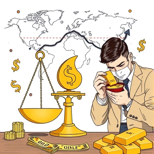 A person examining gold bullion with a backdrop of currency notes.