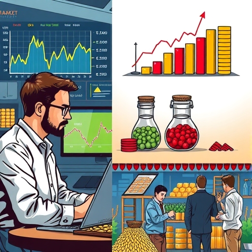 An illustration of various commodities like oil, gold, and crops stacked harmoniously.