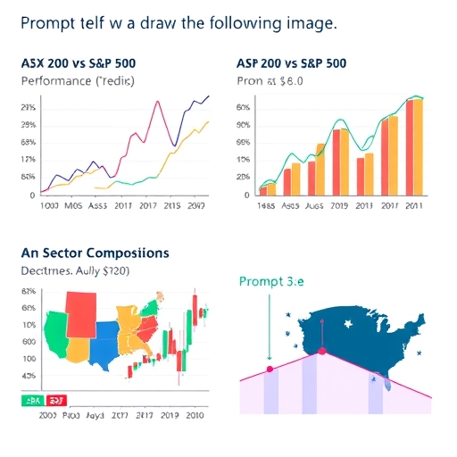 An illustration depicting sector compositions of the ASX 200 versus S&P 500.