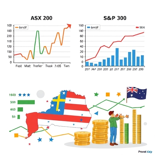 A creative depiction of Australian investors analyzing US market growth through ETFs.