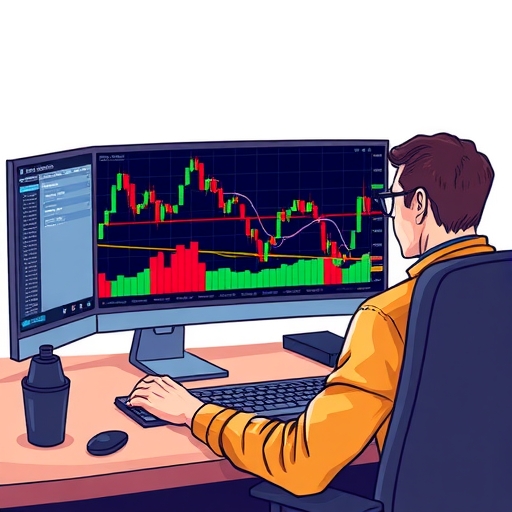 A dynamic trading setup featuring various technical indicators on a colorful trading interface.