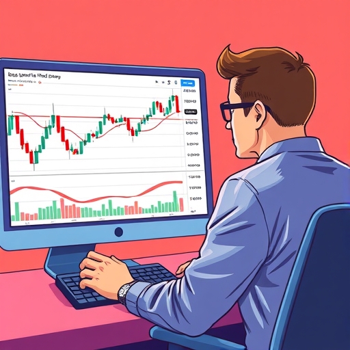 A trader analyzing market charts on a computer with candlestick patterns visible.