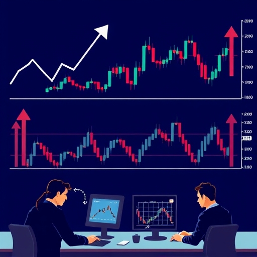Market trends represented as upward and downward arrows