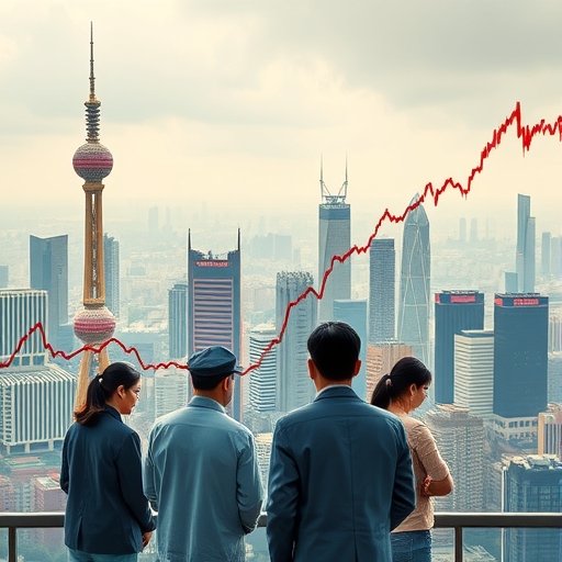 Chinese skyline with financial statistics overlay