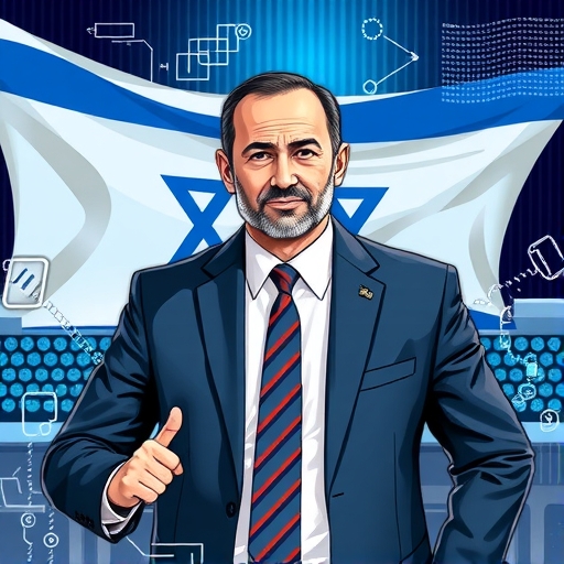 A businessman in a suit surrounded by digital defense technology graphics