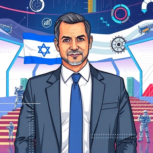Illustration of politics and technology with Israel's flag in the background