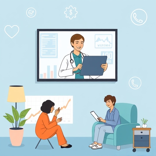 Stock market graphs with telehealth symbols