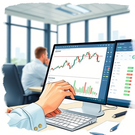 A close-up of hands using trading software with data