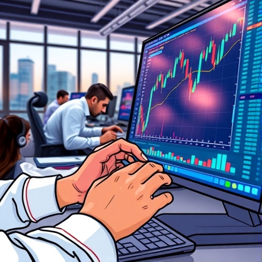 A candlestick chart being drawn on a digital screen