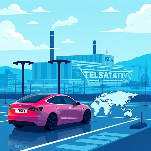 Illustrative map showing global lithium supply chains connecting to Tesla.