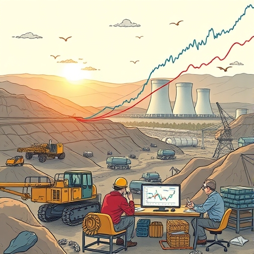 Graph showing rising uranium prices with nuclear power plants in the background