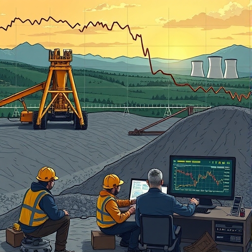 Uranium mining operation with machinery and workers in a scenic landscape