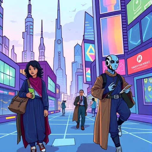 A futuristic city blending digital and physical elements