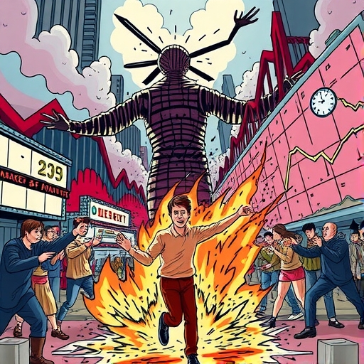 A chaotic market scene showing intense selling pressure