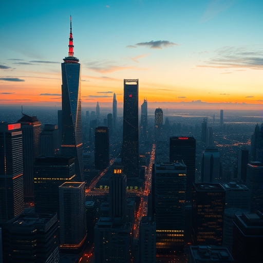 夜幕降臨的未來都市景象