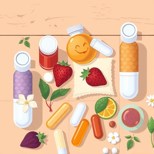 桌上擺放著各式各樣的補充品插圖。