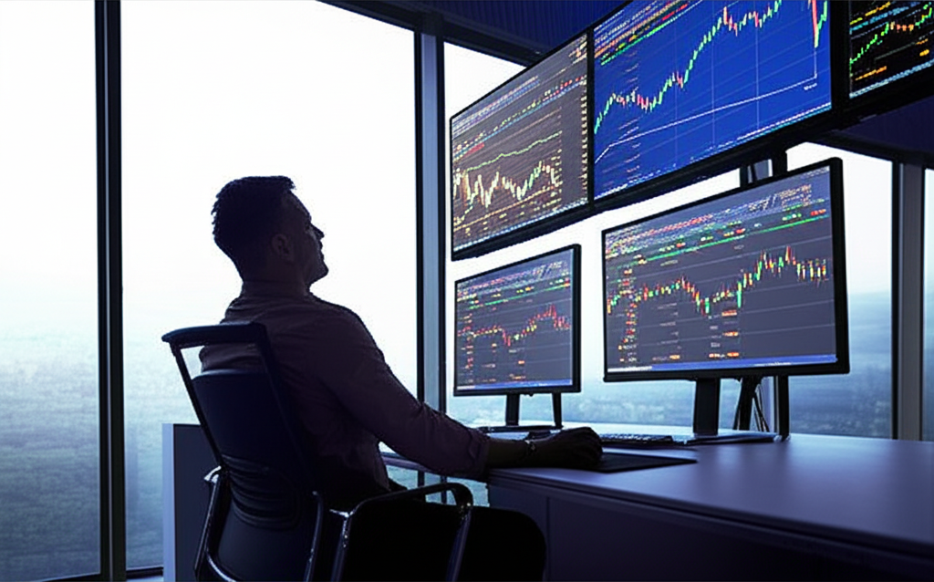 A trader analyzing forex charts in a modern office