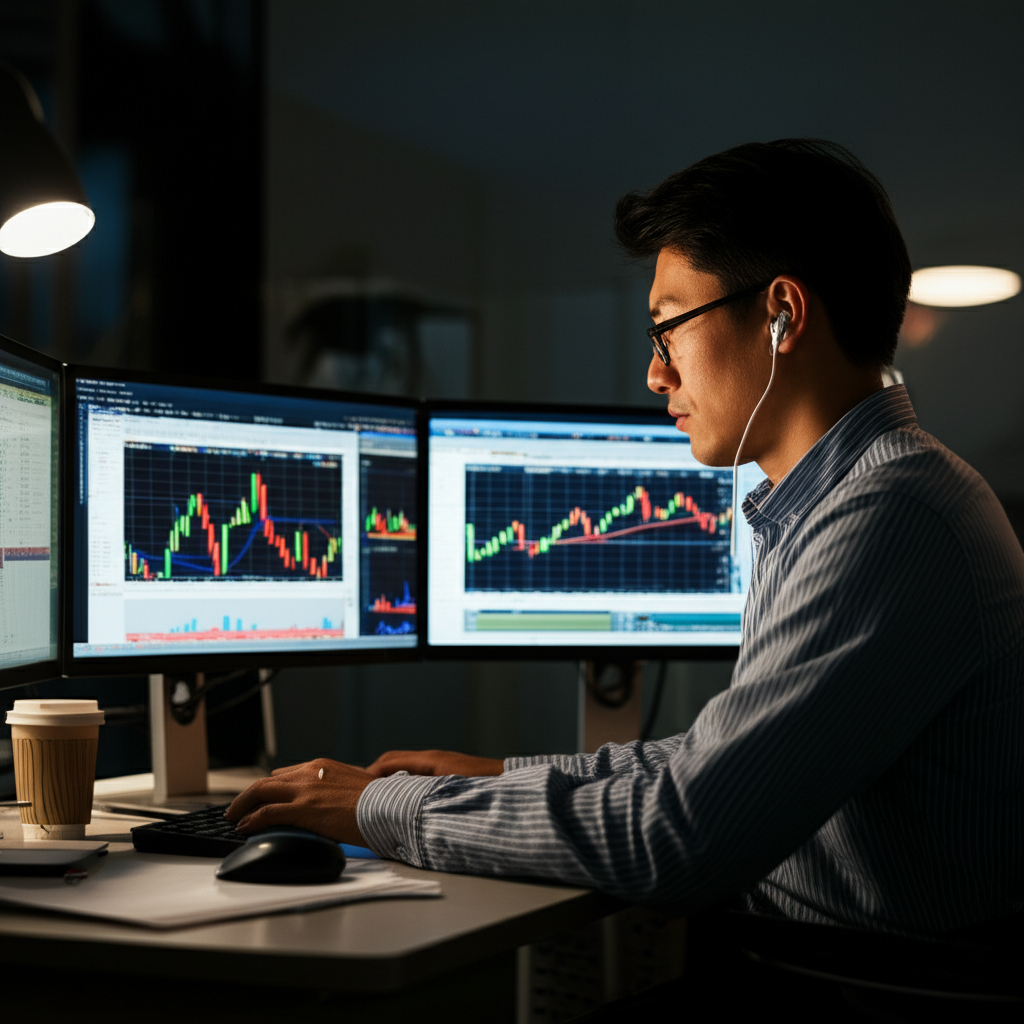 US trader utilizing high leverage in forex trading with multiple screens and live market data