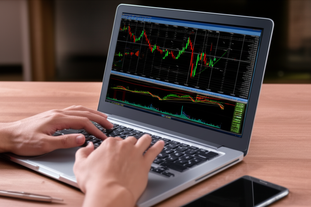 Trader using a laptop and smartphone for forex trading