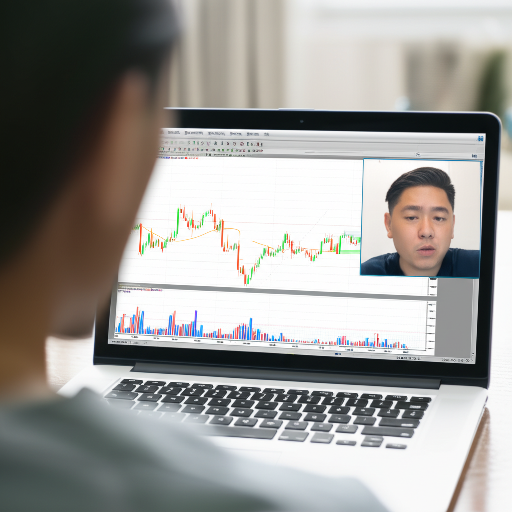 A trader attending an online forex webinar with multiple charts displayed on screen