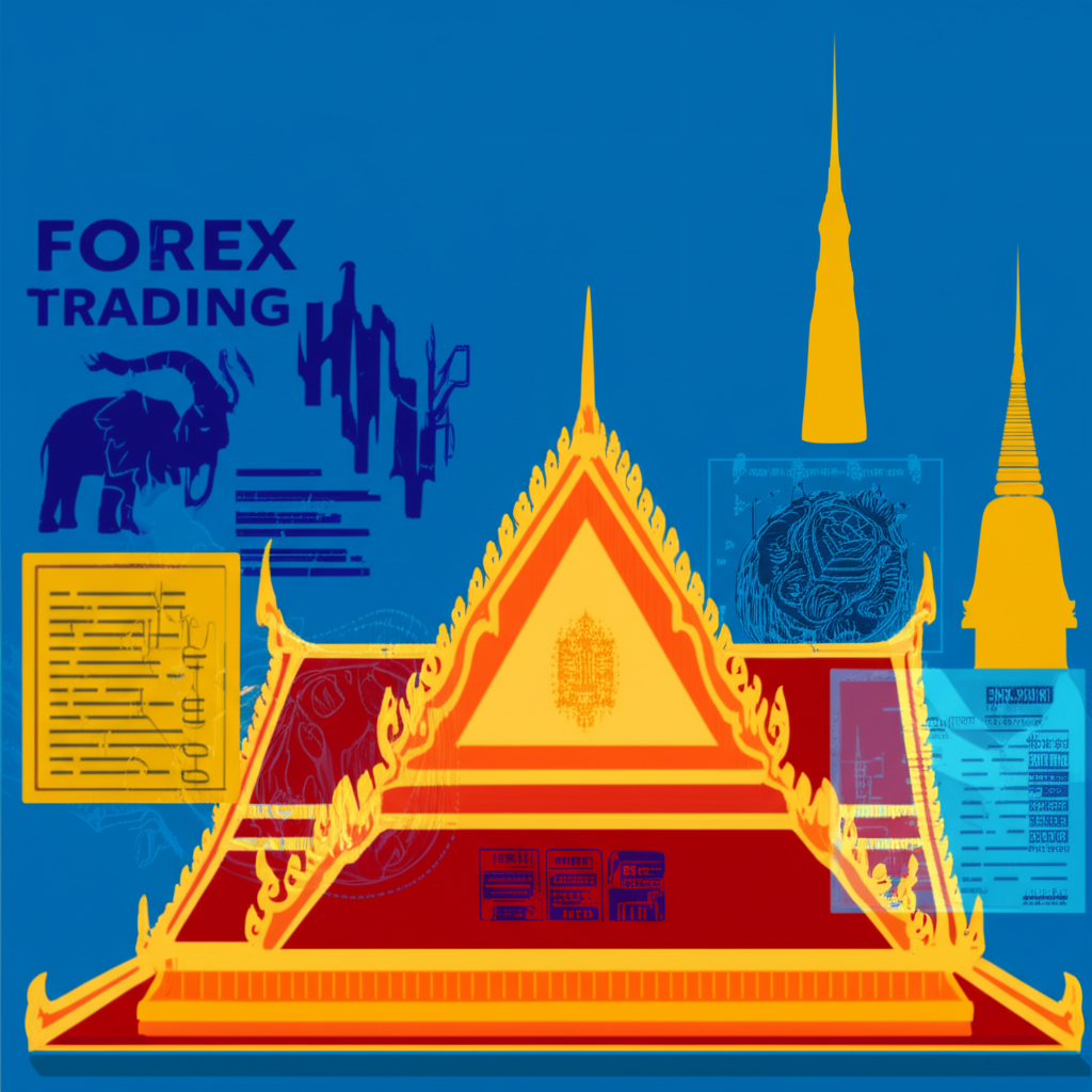 An illustration of forex trading in Thailand showing traders using digital platforms amid Bangkok cityscape