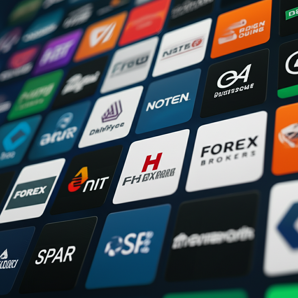 Various forex brokers logos including Moneta Markets, Pepperstone, OANDA, and FOREX.com displayed on a digital dashboard interface