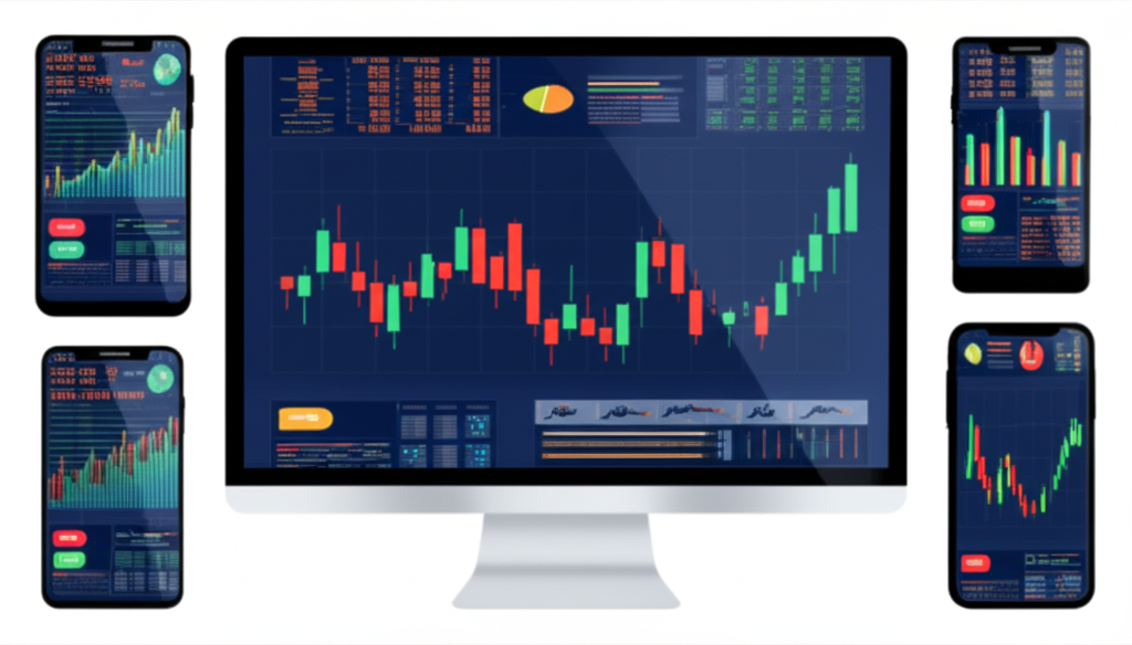 Forex trading illustration with digital devices showing live charts and trading platforms